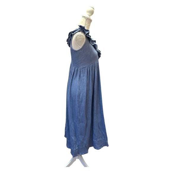 Hatch Sarah Maternity Dress Blue Smocked Ruffle Midi Cotton Elegant Size 0 (XS) - Picture 6 of 8